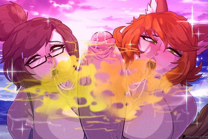 1boy 2girls animal_ears asian asian_female big_breasts big_penis blizzard_entertainment breasts brown_eyes brown_hair burp burp_cloud burp_fetish burping burping_on_cock crossover erection female gas glasses green_eyes huge_breasts male marvel marvel_rivals mei_(overwatch) okioppai open_mouth oral orange_hair overwatch overwatch_2 penis saliva saliva_string saliva_trail squirrel_girl_(marvel) squirrel_girl_(marvel_rivals) veiny_penis