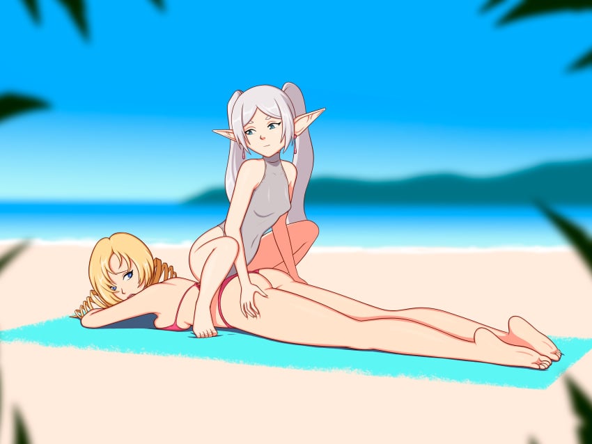 2girls anoneysnufftan applying_sunscreen beach beach_towel bikini blonde_hair blue_eyes blurry_background catherine catherine_(game) demon_girl earrings elf_ears embarrassed female female_only frieren humiliation imminent_death killer_lotion massage murder peril punishment rubbing sand seaside sinfulline snuff sousou_no_frieren summer sunbathing swimsuit towel white_hair