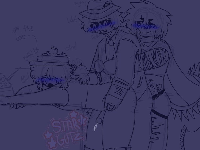 >_< 1boy 2others anal anal_sex bandage bandage_on_face bandage_on_nose blue_blush blush chance_(forsaken) closed_eyes cum cumming elliot_(forsaken) elliot_(work_at_a_pizza_place) forsaken_(roblox) from_behind from_behind_position gay glasses hat headwear laying_down male open_mouth roblox roblox_game robloxian stargutz69 strap-on tail threesome trio two_time_(forsaken)