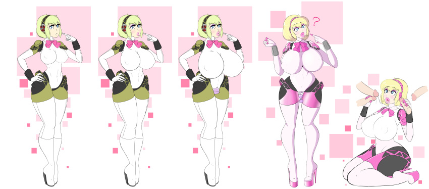 aegis_(persona) aigis_(persona) bimbo bimbofication blonde_hair blue_eyes breast_expansion headphones high_heel_boots high_heels high_heels_boots persona persona_3 robot sealguy short_hair transformation