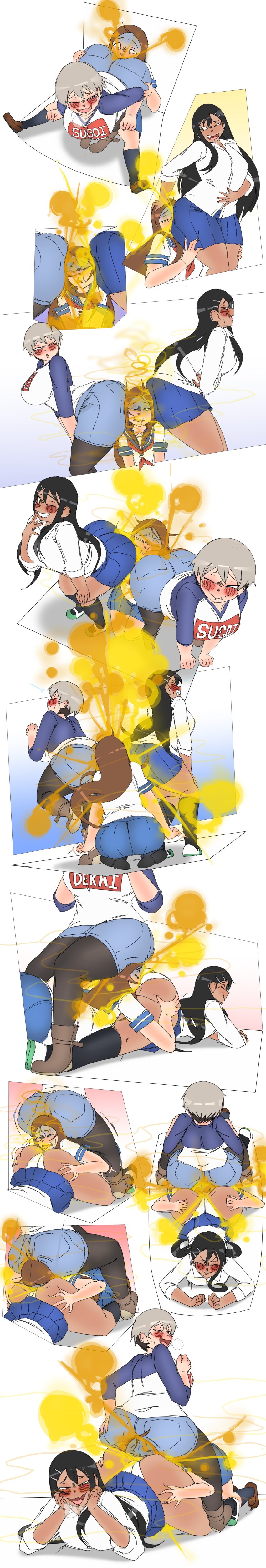 3girls above_view against_surface against_wall ass ass_grab ass_to_ass bent_over big_ass big_butt black_hair blue_eyes blue_skirt blush brown_hair butt clenched_teeth clothed clothed_female denim denim_skirt eyes_closed face_in_ass fang fart fart_cloud fart_fetish fart_torture farting farting_in_face female female_only grabbing_own_ass hand_on_belly hand_on_head hand_on_knee hayase_nagatoro karakai_jouzu_no_takagi-san laying_down laying_on_stomach lazei one_eye_closed open_mouth panties pixie_cut please_don't_bully_me,_nagatoro rear_view school_girl school_uniform schoolgirl schoolgirl_uniform short_hair silver_hair skirt smile standing takagi-san tan tan-skinned_female tan_body tan_skin tanned tanned_skin tears thick_thighs tights tongue tongue_out uzaki-chan_wa_asobitai! uzaki_hana viewed_from_above viewed_from_behind visible_breath white_panties yuri