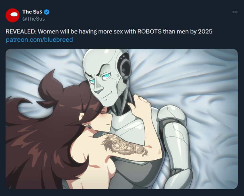 1boy 1girls 2025 bluebreed breasts brown_hair earrings fake_screenshot hair human jaiden jaiden_animations jaiden_dittfach just_a_robot meme nude nude_female robot robot_humanoid tattoo twitter youtube youtuber