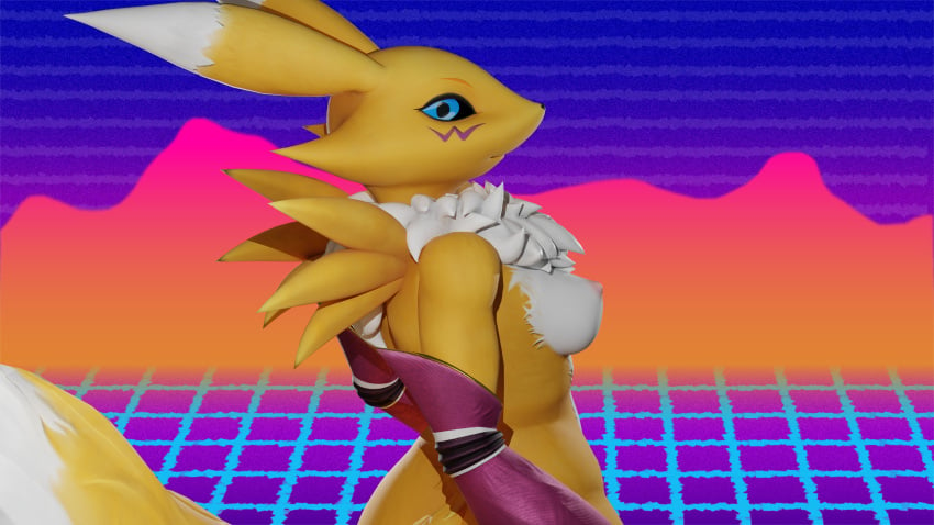 3d_(artwork) anthro areola blue_eyes breasts clothing digimon digimon_(species) female fur_markings looking_at_viewer looking_back markings nipples nude renamon solo stikcs tail yellow_body