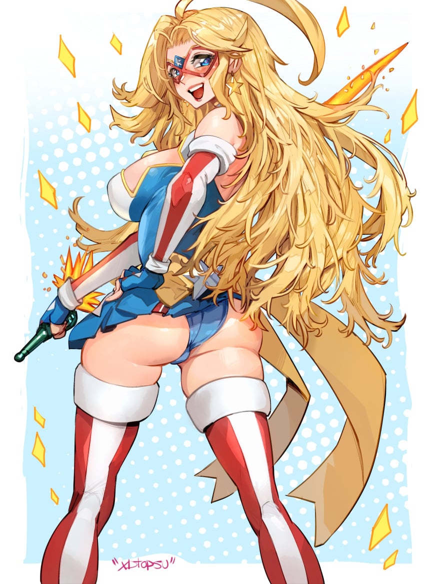 absurdres ahoge american_flag american_flag_print ass blonde_hair blue_eyes boots breasts cleavage clothing_cutout contrapposto domino_mask earrings elbow_gloves energy_sword eye_mask female fingerless_gloves flag_print gloves gold_bow highres jewelry kamen_america kamen_america_(character) kamen_america_(comic) large_breasts leotard long_hair looking_at_viewer mask open_mouth patriotism reverse_grip smile solo star_(symbol) star_cutout star_earrings striped_clothes striped_footwear superhero_costume sword thigh_boots vertical-striped_footwear weapon xdtopsu01