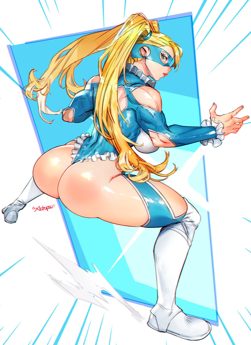 absurdres artist_name ass blonde_hair blue_background blue_eyes blue_leotard blue_mask blue_nails blush boots breasts chromatic_aberration commentary domino_mask emphasis_lines english_commentary female from_behind full_body hand_up highres knee_boots leotard long_hair looking_at_viewer looking_back mask multicolored_background nail_polish nose_blush profile rainbow_mika sideways_glance solo squatting street_fighter toned toned_female twintails white_background white_footwear wrestling_mask wrestling_outfit xdtopsu