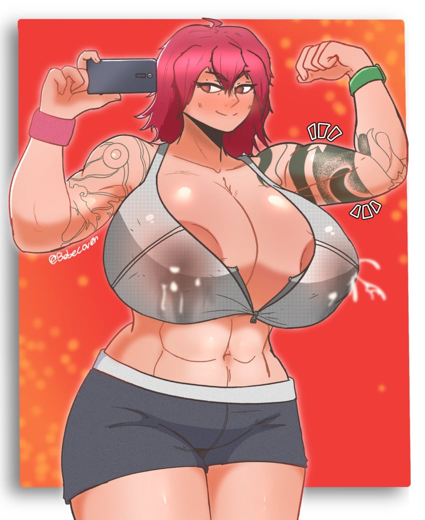 abs bebecoven emphasis_lines lactating lactation lactation_through_clothes large_breasts margaret_(bebecoven) oc original original_character red_eyes red_hair simple_background tattoo