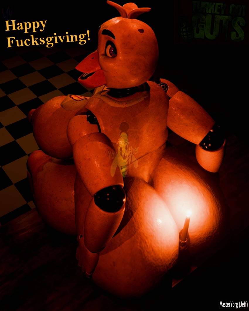 3d animatronic anthro ass_grab avian beak big_ass big_breasts bird bird_girl candle chica_(fnaf) chica_(octal) chicken chicken_girl chubby chubby_female english_text female female_focus female_only five_nights_at_freddy's furry grabbing_ass grabbing_own_ass looking_at_viewer looking_back masteryorg0 overweight overweight_female sitting smiling smiling_at_viewer solo solo_female text watermark