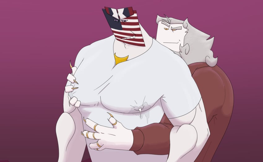 alkazar_ishrtaz american_flag arvien big_pecs blue_eyes bodily_fluids body_hair chest_hair claws clothing countryhuman dress_shirt eyebrows flaghead gradient_background grin hi_res humanoid jewelry lactating lactating_through_clothing male male/male male_lactation maximilian_(veganvore) milk muscular muscular_male nipple_outline pecs pupils rectangular_head ring shirt simple_background smile smirk t-shirt thick_eyebrows tight_clothing topwear united_states_of_america veganvore wet wet_clothing white_pupils yellow_eyes