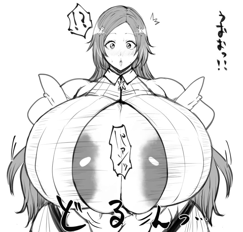 1girls areola_slip bleach boob_window breasts colorless enormous_breasts inoue_orihime open_mouth ponkotsuu thick_thighs voluptuous wardrobe_malfunction