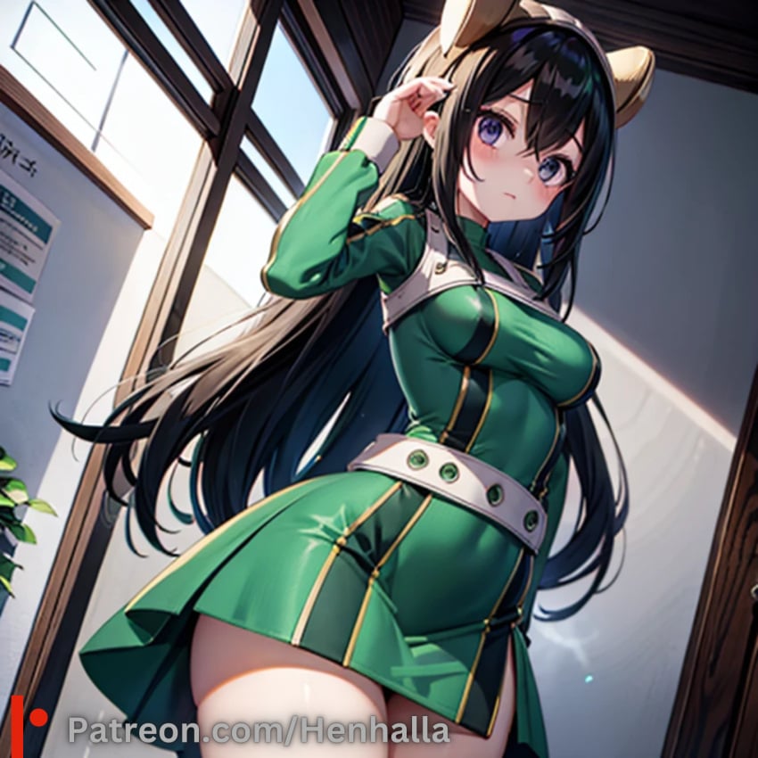 1girls ai_generated big_breasts breasts dress henhalla solo solo_female tsuyu_asui tsuyu_asui_(hero_outfit) young younger_female