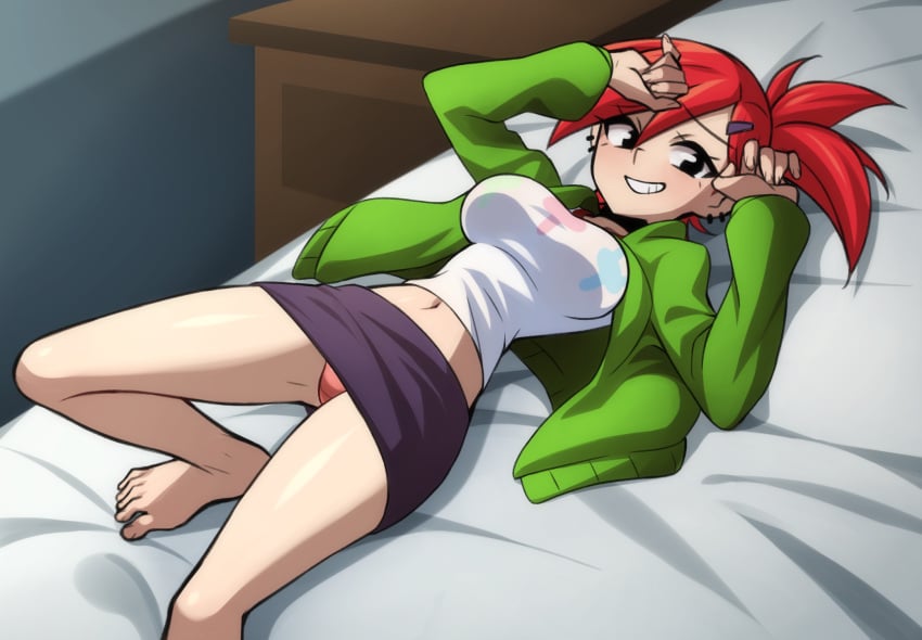 1girls barefoot belly belly_button cartoon_network ear_piercing female_focus foster&#039;s_home_for_imaginary_friends frankie_foster full_body fully_clothed hair_pin jacket laying_down laying_on_bed looking_at_viewer panties patrickdja ponytail shirt skirt smiling_at_viewer solo solo_female solo_focus thighs