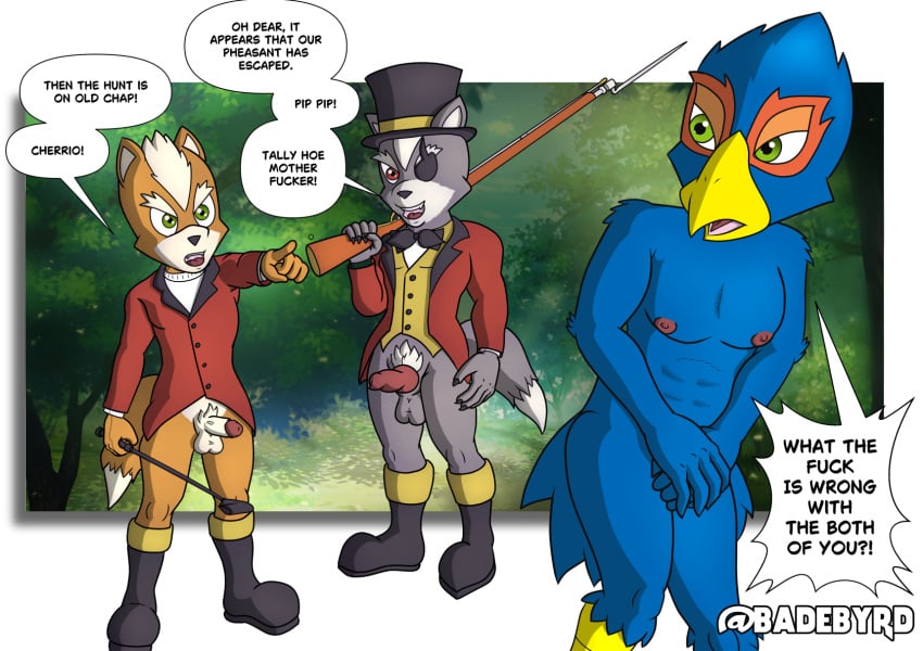 anthro avian badebyrd bayonet bird boots bottomless bottomless_male canid canine canis clothed clothing coat erection eye_patch eyewear falco_lombardi falcon falconid feathers footwear forest forest_background fox fox_hunter fox_mccloud galliform genitals group hat headgear headwear hi_res hunting hunting_rifle knife knot knotted_penis male male/male mammal nature nature_background nintendo nipples nude penis phasianid plant predator/prey red_clothing red_coat red_topwear riding_crop running_away shoes star_fox tail tail_feathers tails_(disambiguation) top_hat topwear tree trio true_fox weapon whip wolf wolf_o'donnell