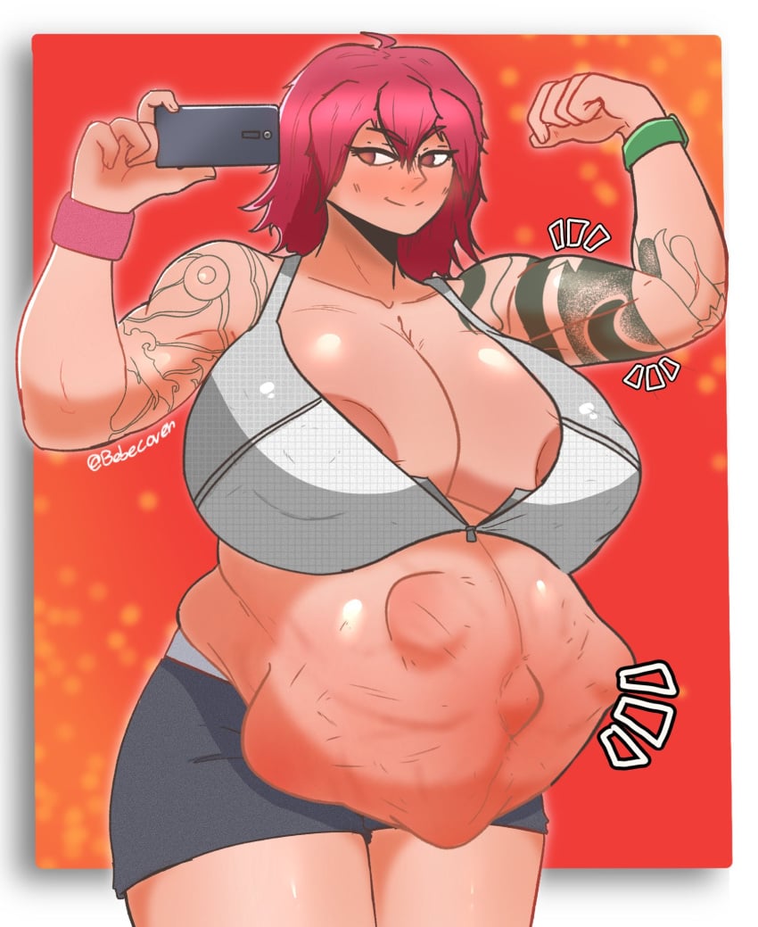 abs bebecoven emphasis_lines fetal_movement flexing flexing_bicep large_breasts margaret_(bebecoven) muscular muscular_female oc original original_character pregnant pregnant_belly pregnant_female red_eyes red_hair simple_background tattoo