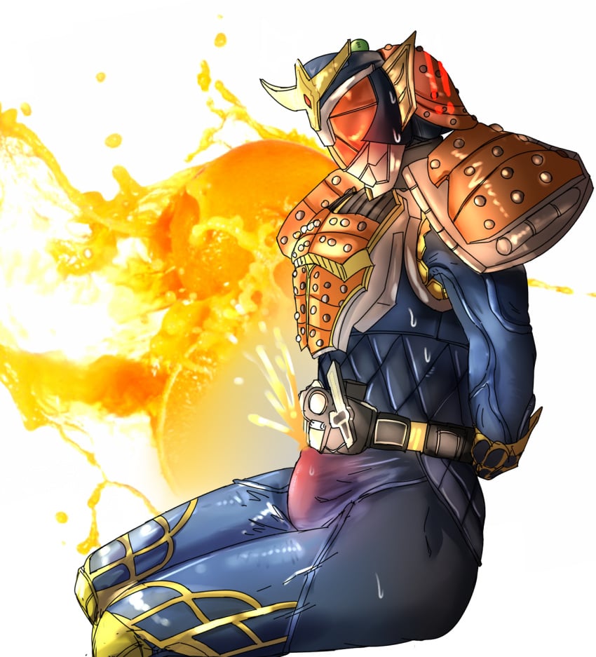 1boy armor armored armored_male armory_hero arms_behind_back belt belt_buckle bodysuit bulge bulge_through_clothing cum ejaculation fruit kamen_rider kamen_rider_gaim kamen_rider_gaim_(series) male male_only orange_(fruit) orange_cum red_penis samurai sitting solo solo_focus solo_male unusual_cum variant_set