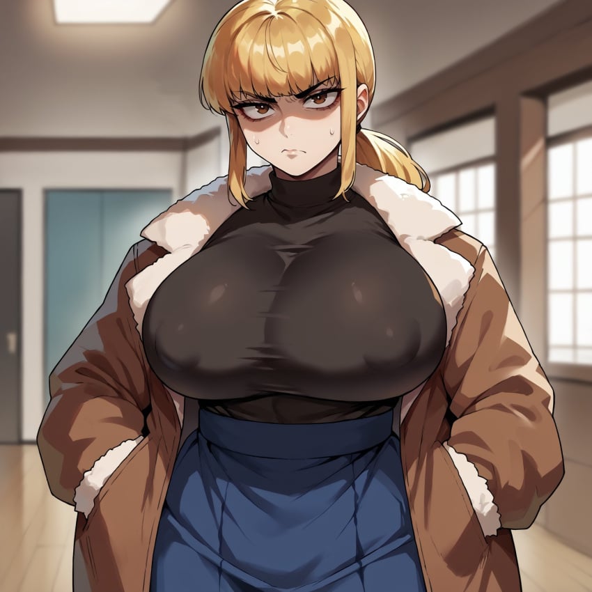 ai_generated annoyed covered_nipples fear_and_hunger fear_and_hunger:_termina karin_(fear_and_hunger) looking_at_viewer massive_breasts smogai sweating