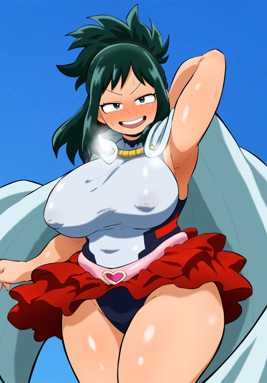 1girls arm_behind_head armpit big_breasts breasts cape costume dark_green_hair enbitonbi female female_only green_eyes hair half-closed_eyes highleg_leotard hips huge_breasts inko_midoriya leotard mature mature_female mature_woman milf mother my_hero_academia nipple_bulge red_skirt skirt smile solo solo_female steam steamy_breath superhero_costume superheroine thighs white_leotard