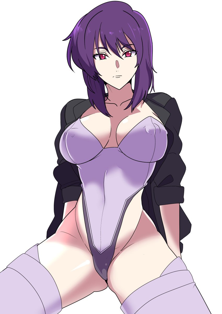 absurdres breasts cleavage covered_erect_nipples covered_navel delrah female ghost_in_the_shell ghost_in_the_shell_stand_alone_complex highleg highleg_leotard highres huge_filesize jacket kusanagi_motoko large_breasts leotard looking_at_viewer purple_hair red_eyes sitting solo strapless strapless_leotard thighhighs thighs wide_hips