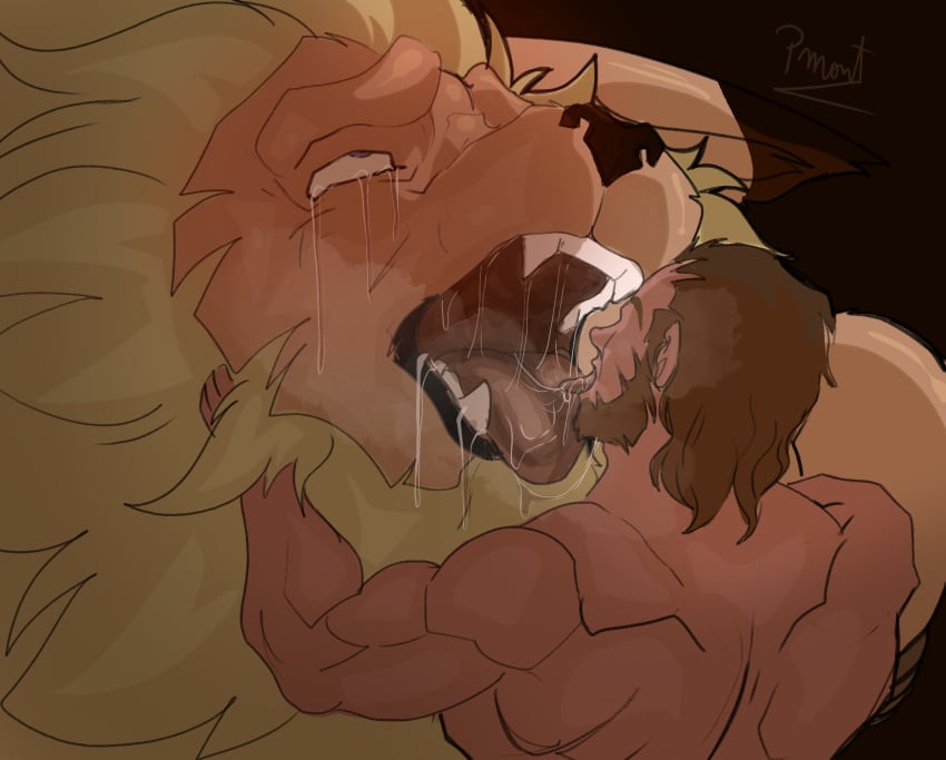 2boys anthro bandai_namco breath digimon digimon_(species) dominant_human dominant_male fangs feline fur furry gay human interspecies kissing kissing leomon lion male male/male male_only open_mouth pinumontbalou saliva saliva_string size_difference smaller_male submissive_male sweat sweating