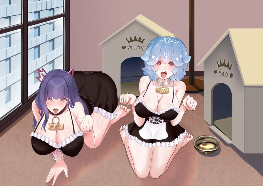 2girls collar dog_collar dog_girl dog_house downbadmerch huge_ass huge_breasts maid maid_uniform petplay toes tongue_out