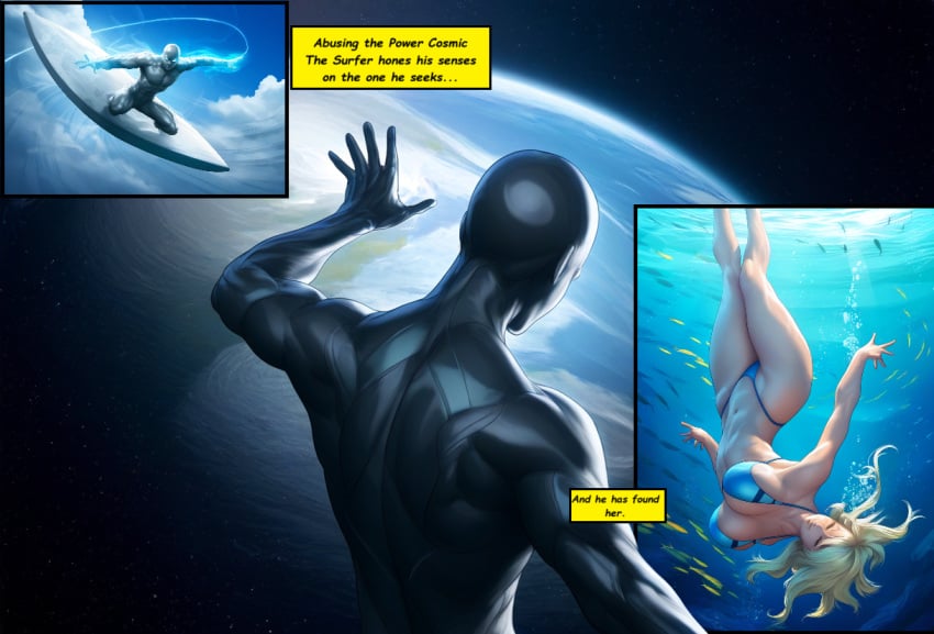 1boy 1girls ai_assisted ai_generated bikini closed_eyes fantastic_four female invisible_woman male marvel marvel_comics narration_boxes self_upload selvokaz silver_surfer storyline sue_storm surfboard swimming underwater