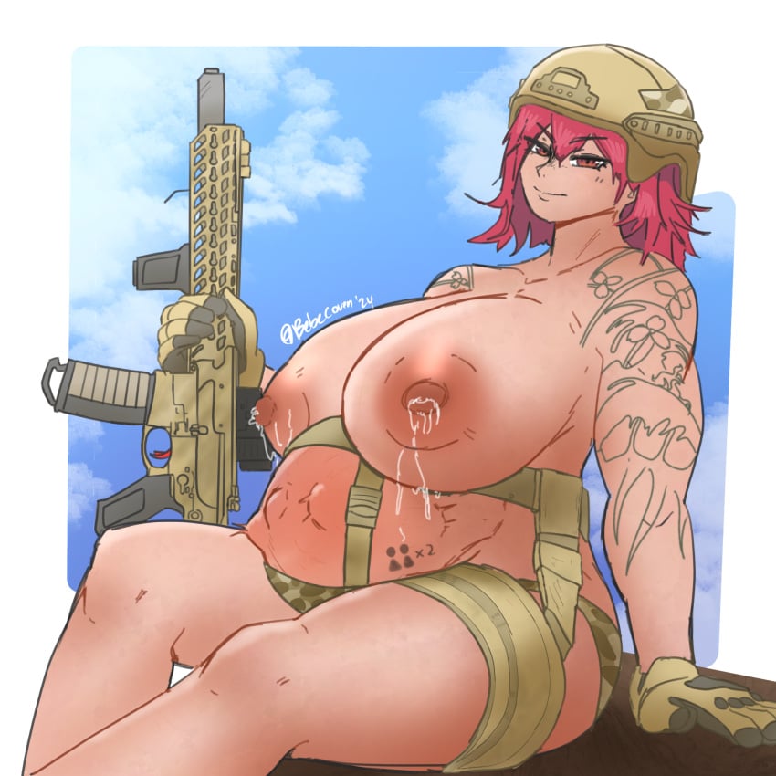 bebecoven belly_tattoo current_pregnancy_tally fetal_movement gun lactation large_areolae large_breasts margaret_(bebecoven) military oc original original_character pregnancy_tally pregnant pregnant_belly pregnant_female ready_to_pop red_eyes red_hair simple_background tattoo weapon