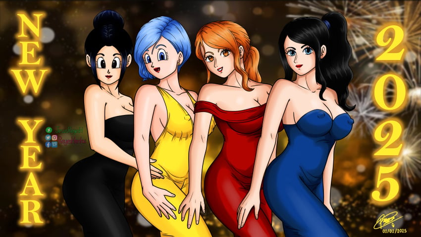 bulma_briefs celebration chichi dragon_ball dragon_ball_super nami nami_(one_piece) new_year new_year_2025 nico_robin one_piece reyeshentai(artist)