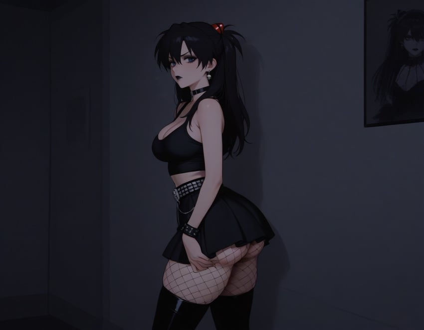 1girls ai_generated asuka_langley_sohryu black_hair black_lipstick blue_eyes choker cleavage crop_top earrings egirl female fishnets goth goth_asuka human human_female indoors light-skinned_female light_skin neon_genesis_evangelion night skirt solo solo_female thighhighs