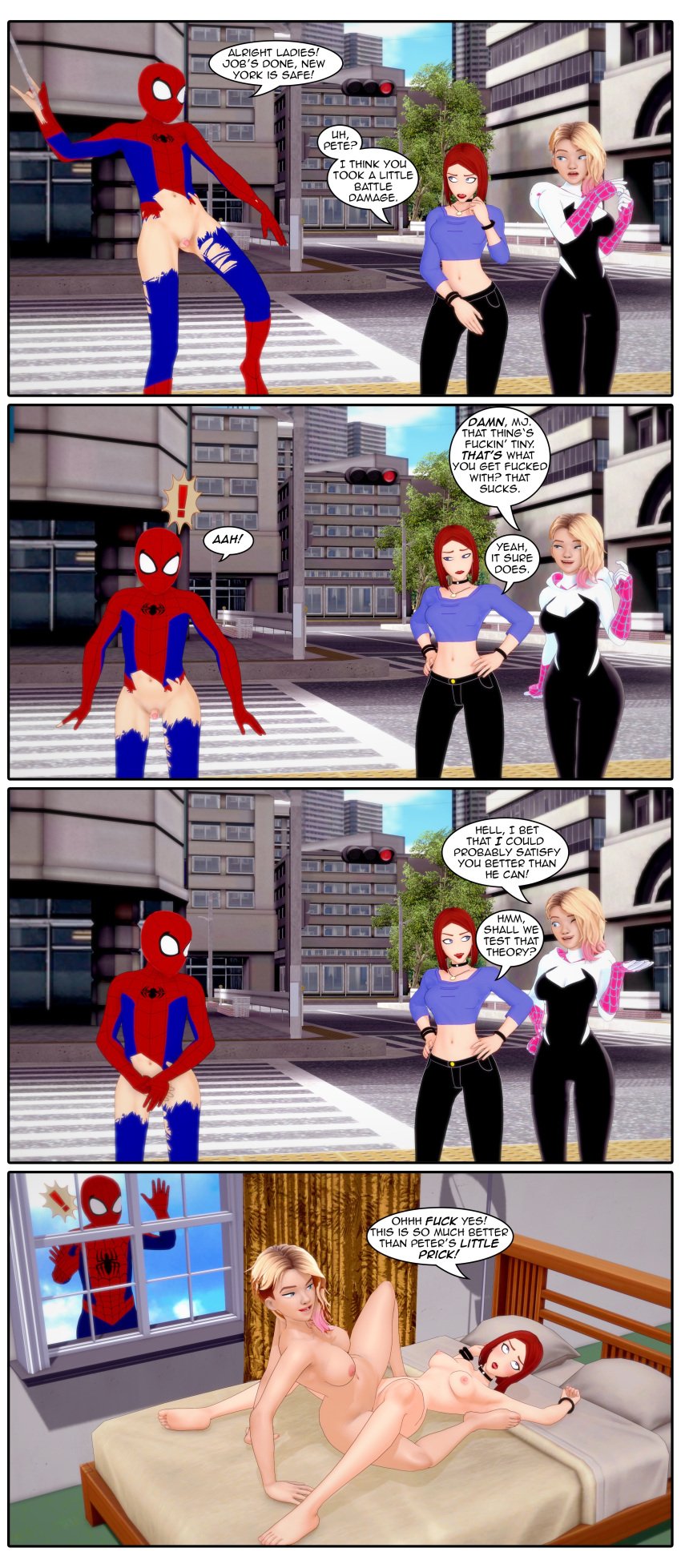 commission commissioner_upload cucked_by_lesbian dialogue english_text gwen_stacy gwen_stacy_(spider-verse) lesbian_domination mary_jane_watson misunderstoodsecrets red_hair small_penis small_penis_humiliation speech_bubble spider-man spider-man_(series) text tiny_penis yuri