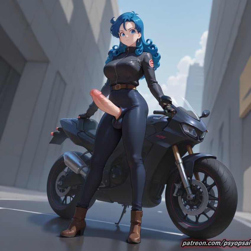 1futa ai_generated artist_name blue_hair breasts breasts clothed clothing colored digital_media_(artwork) dragon_ball dragon_ball_z front_view futa_only futanari jeans launch legs long_hair motorcycle outdoors pants psyopsai solo solo_focus tight_clothing uncensored watermark