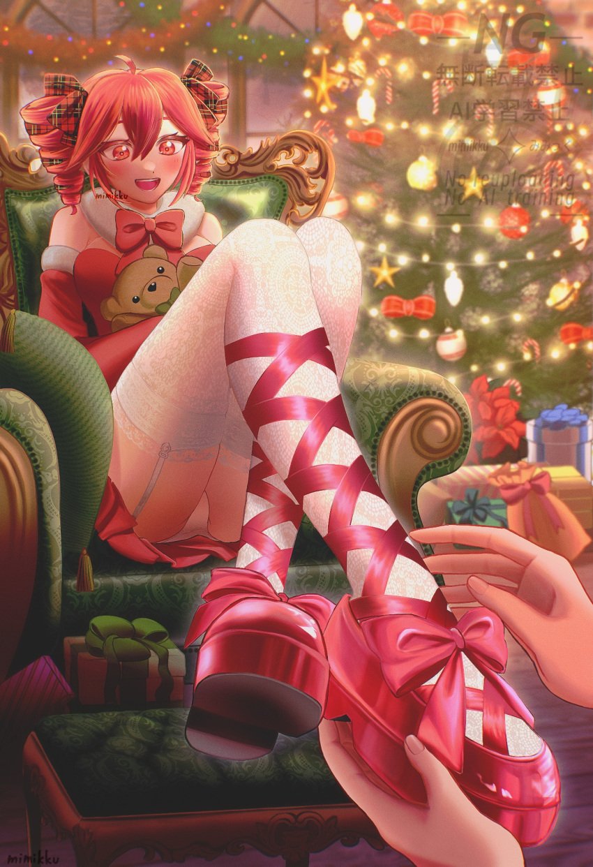 1girls 2d 2d_(artwork) christmas christmas_outfit female frilled_thighhighs garter_straps holding_foot holding_legs kasane_teto mimikku panties pixiv red_eyes red_hair thick_thighs thighhighs thighs twin_drills utau white_panties wholesome