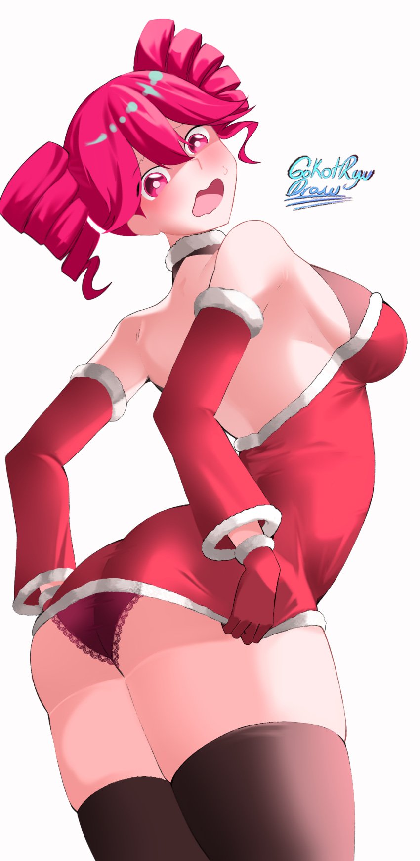 1girls 2d 2d_(artwork) artist_signature ass ass_focus big_ass big_breasts blush breasts christmas christmas_clothing dress embarrassed female female_only frilled_panties gokotryu kasane_teto panties pixiv pulling_clothing red_eyes red_hair short_dress sideboob solo thick_thighs thighhighs thighs upskirt utau watermark