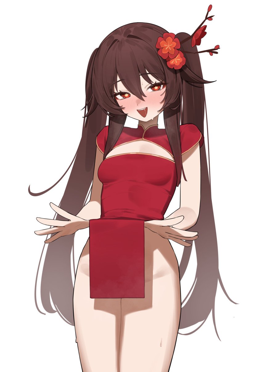 1girls brown_hair china_dress chinese_clothes female genshin_impact hu_tao_(genshin_impact) human looking_at_viewer naughty_smile no_panties petite red_eyes teasing young