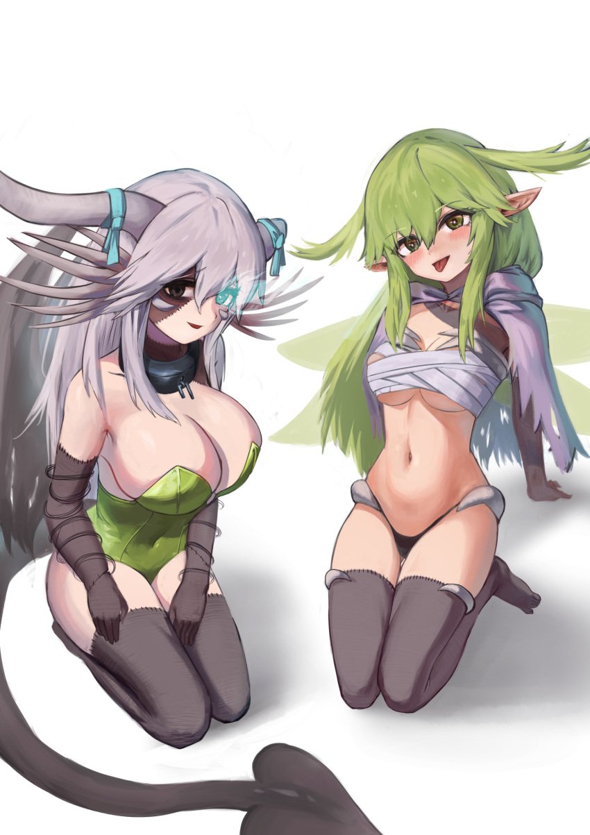 2girls bandages bandages_around_chest black_eyes black_panties black_souls black_souls_2 black_thighhighs blush cape cosplay costume_switch demon_tail devil_tail dragon_horns dragon_tail dragon_wings fairy_wings female female_only green_eyes green_hair horns jabberwock_(black_souls) jabberwock_(black_souls)_(cosplay) kneeling leaf_(black_souls) leaf_(black_souls)_(cosplay) leaning_back long_ears long_hair looking_at_viewer looking_up_at_viewer open_mouth outfit_swap pointy_ears sarashi simple_background smile smiling smiling_at_viewer sticking_out_tongue tail tattered_cape tattered_clothes thighhighs thighhighs_stitched_to_legs tongue tongue_out white_background white_hair wings