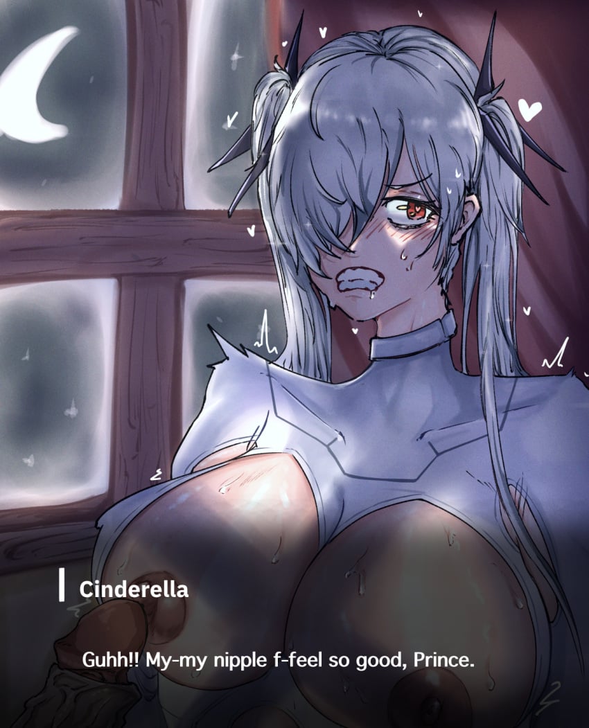 1boy 1girls anachiro_(nikke) blush body_fluids breasts cinderella_(nikke) clenched_teeth darkbiom english_text goddess_of_victory:_nikke heart-shaped_pupils large_breasts nipples open_clothes red_eyes self_upload silver_hair sweat twintails