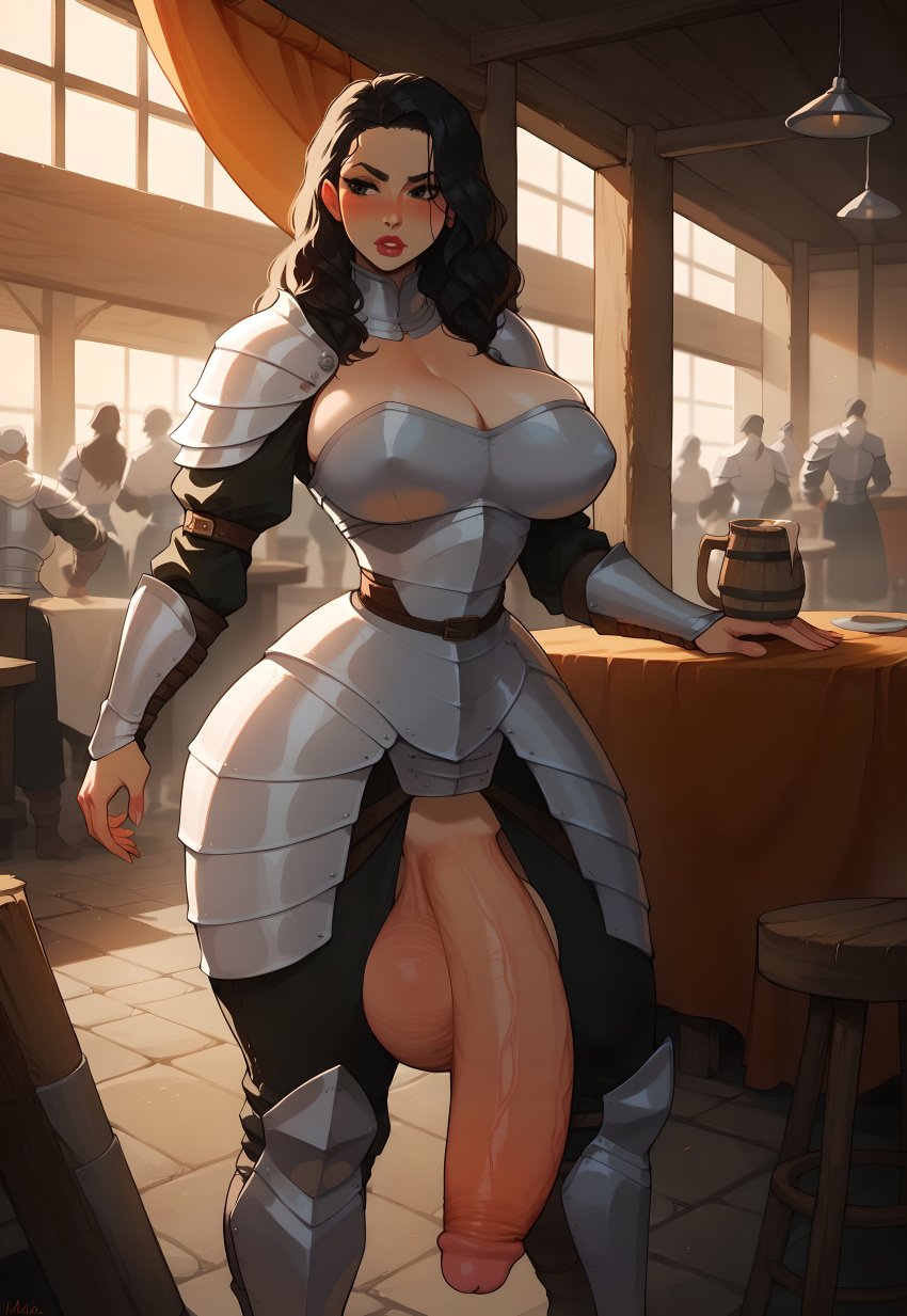 armor black_hair cleavage exposed_penis flaccid futanari highres huge_ass huge_balls huge_breasts huge_cock medieval public self_upload small_waist standing supermanson tavern thick_thighs wide_hips