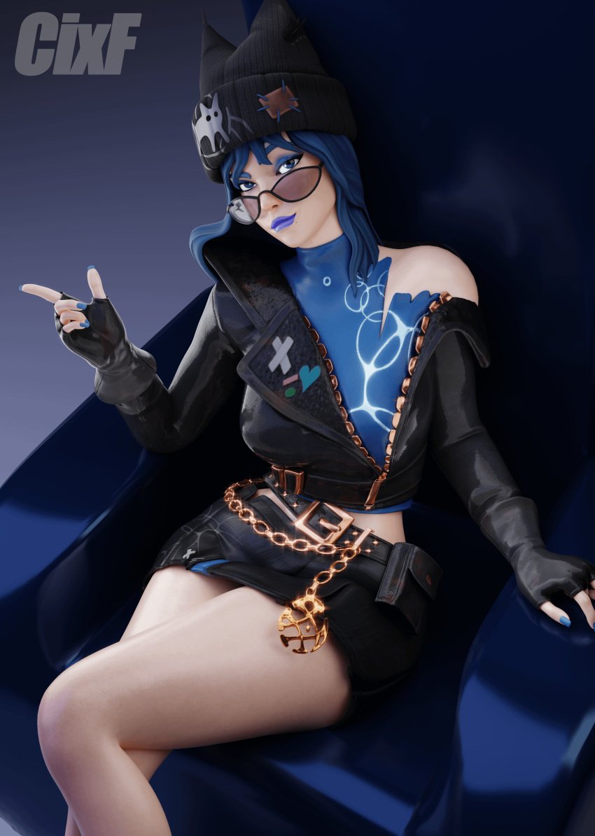 1girls blue_fingernails blue_hair blue_lipstick cixf female fortnite fully_clothed glasses hat hope_(fortnite) jacket skirt solo solo_female solo_focus