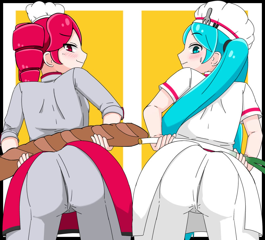 2d 2d_(artwork) 2girls artist_request big_ass blue_eyes blue_hair chef_hat chef_uniform clothed clothed_female clothing hatsune_miku holding_food holding_object kasane_teto kasane_teto_(sv) obsolete_meat presenting presenting_hindquarters red_eyes red_hair showing_ass synthesizer_v twin_drills twintails utau vocaloid