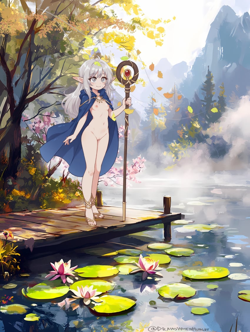 ai_assisted ai_generated blind cape dock drawswhenhungry elf functionally_nude high_heels lily_pad magic_staff nature nipples outdoors pale_skin pointy_ears pussy staff white_hair