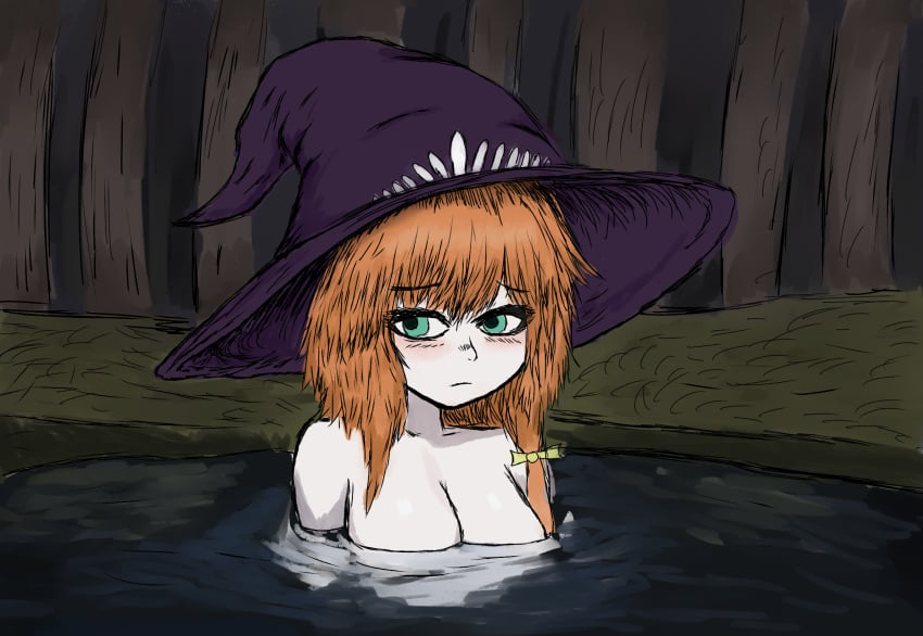 1girls :/ bathing bathing_in_lake big_breasts black_souls black_souls_2 blue_eyes blush breasts brown_hair dorothy_(black_souls) female female_only forest forest_background green_eyes hair_ornament lake light_blush long_hair looking_to_the_side nervous nervous_expression nude outdoors purple_hat ribbon skinny_dipping solo submerged sumikaww witch witch_hat yellow_ribbon