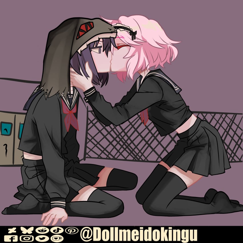 2girls absurdres black_clothing black_eyes black_hair black_skirt black_souls female female_only hand_on_cheek headwear kissing leaning_forward maid_headdress miranda_(black_souls) pink_hair school_uniform serafuku short_hair simple_background skirt thighhighs victoria_(black_souls) yuri