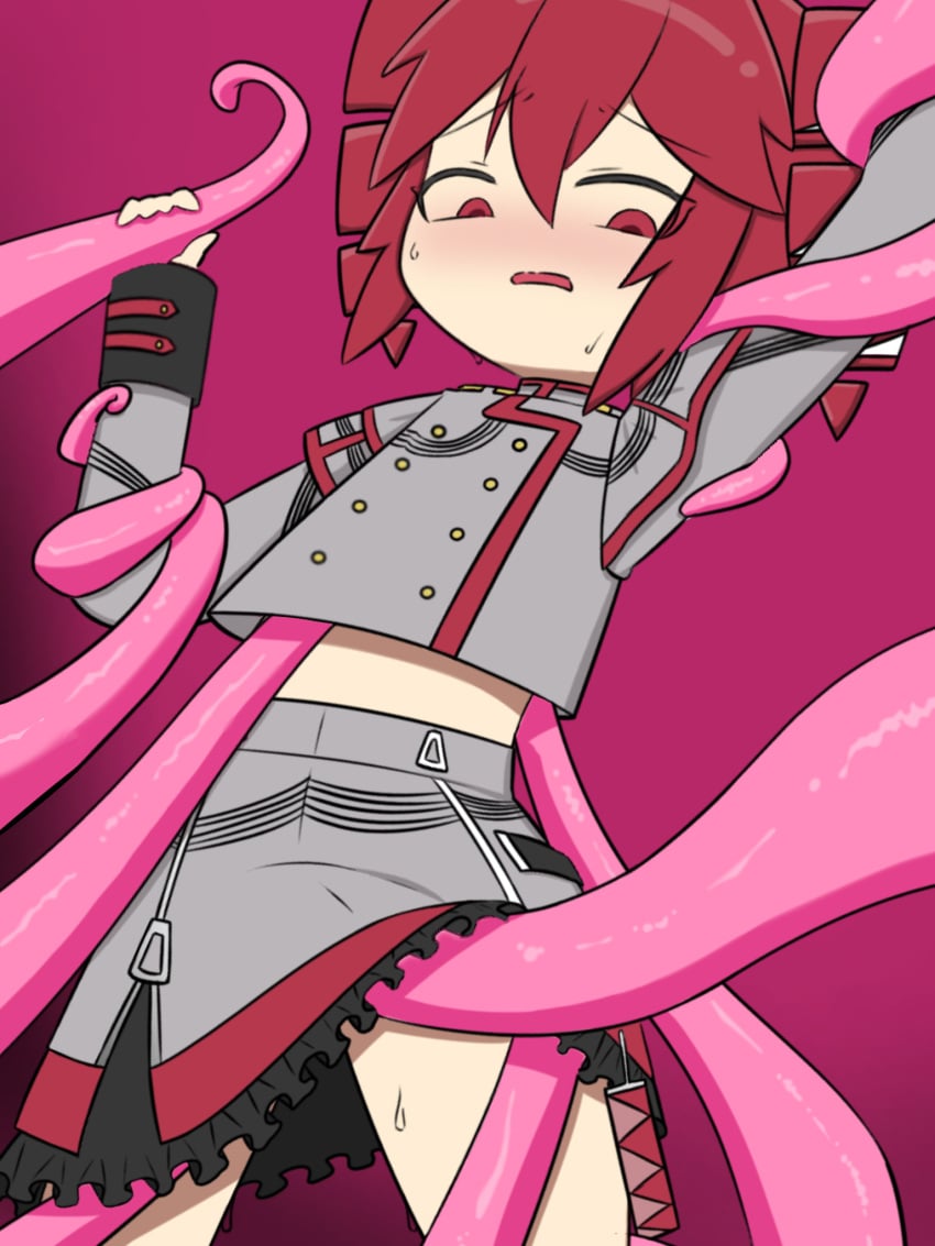 1girls 2d 2d_(artwork) artist_request blush dubious_consent exposed_midriff female imminent_sex kasane_teto kasane_teto_(sv) pixiv questionable_consent red_background red_eyes red_hair skirt synthesizer_v tentacle tentacle_sex twin_drills utau young