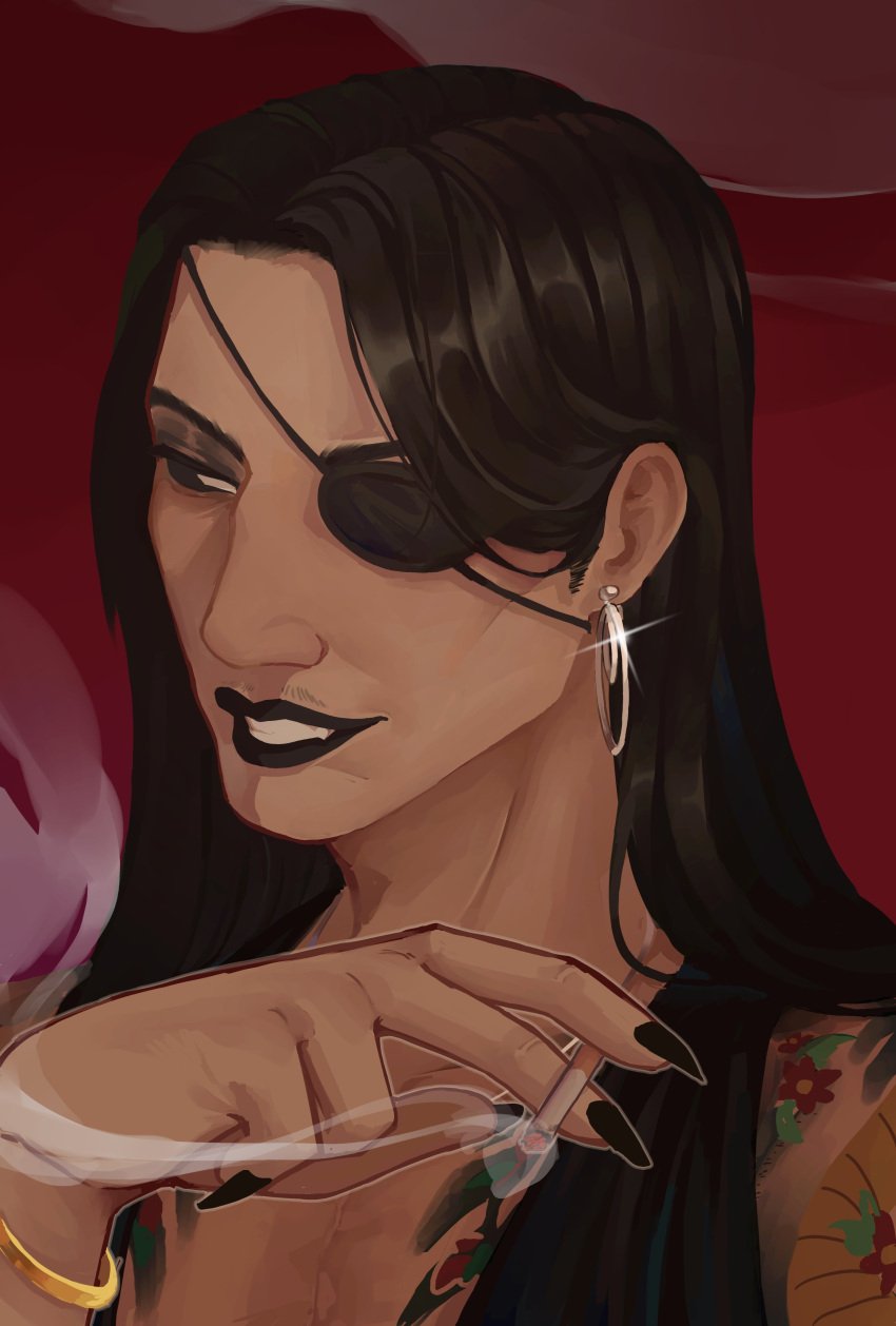 1boy cigarette crossdressing earrings eyepatch gaz_(artist) goromi lipstick long_hair majima_goro moustache ryuu_ga_gotoku sfw solo_male tagme