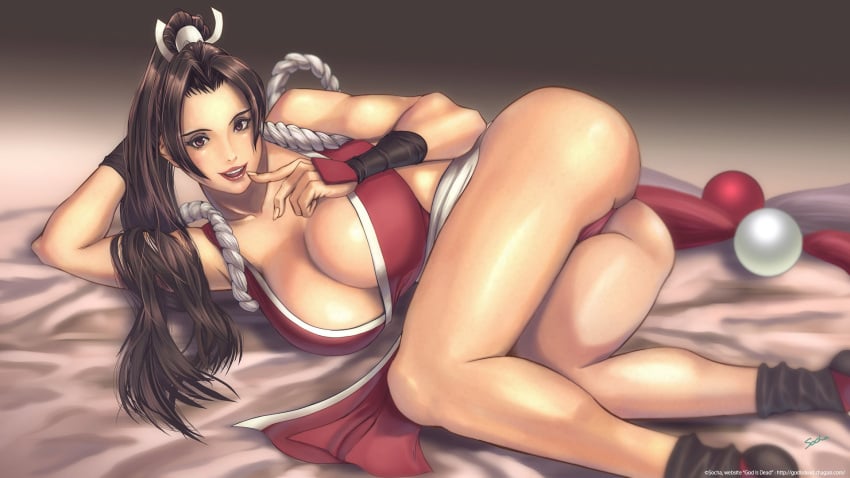 ass bare_shoulders bed breasts brown_hair fatal_fury female female_focus highres large_breasts legs lipstick long_hair long_legs lying mai_shiranui makeup on_side open_mouth pelvic_curtain pink_eyes revealing_clothes shiranui_mai smile snk socha_(pixiv99744) solo the_king_of_fighters thighs_bigger_than_head