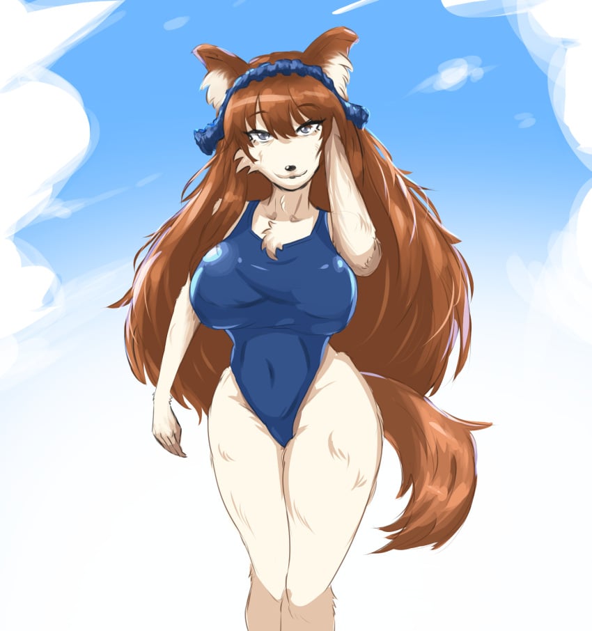 1girls anthro big_breasts black_souls black_souls_2 blue_eyes blue_headband breasts brown_hair brown_tail canine female female_only florence_(black_souls) furry hourglass_figure light_fur long_hair looking_at_viewer outdoors robo sky smile solo standing swimsuit tail