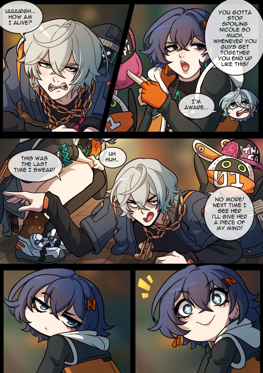 1boy 1girls belle_(zenless_zone_zero) comic dialogue eous_(zenless_zone_zero) female kinkymation male mentioned_character nicole_demara shop tagme wise_(zenless_zone_zero) zenless_zone_zero