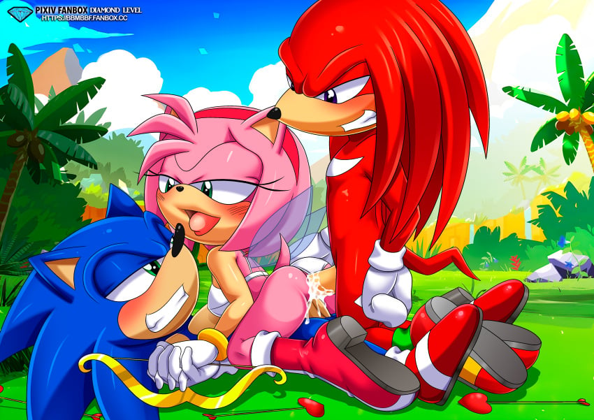 1girls 2boys amy_rose bbmbbf bra cumming cupid echidna female hedgehog knuckles_the_echidna male mobius_unleashed palcomix panties sega sonic_(series) sonic_the_hedgehog sonic_the_hedgehog_(series) threesome underwear