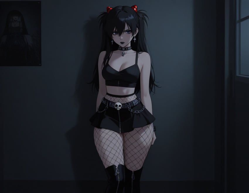 1girls ai_generated asuka_langley_sohryu black_hair black_lipstick blue_eyes choker cleavage crop_top earrings egirl female fishnets goth goth_asuka human human_female indoors light-skinned_female light_skin neon_genesis_evangelion night skirt solo solo_female thighhighs