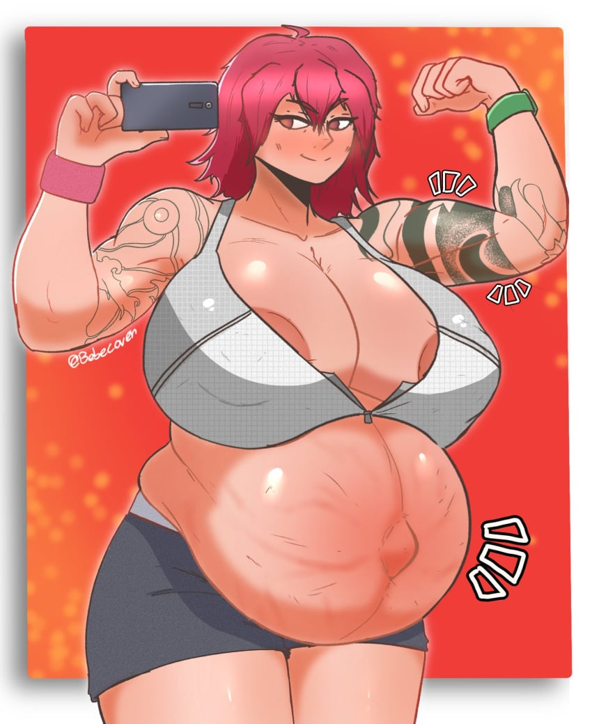 abs bebecoven emphasis_lines flexing flexing_bicep hyper_belly hyper_breasts large_breasts margaret_(bebecoven) muscular muscular_female oc original original_character pregnant pregnant_belly pregnant_female red_eyes red_hair simple_background stretch_marks tattoo