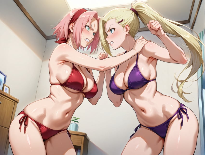 2girls ai_generated catfight competitive competitive_intercourse female female_only hate_sex human ino_yamanaka multiple_girls naruto naruto_(series) naruto_shippuden rivalry rivals sakura_haruno sexfight squeezing_breasts staredown yuri