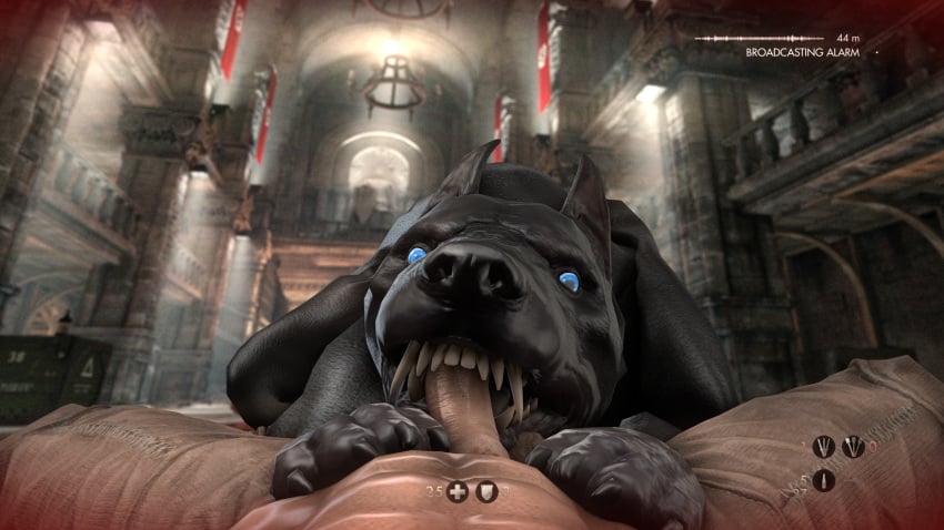 abs absurd_res angry big_penis bj_blazkowicz blue_eyes canid canine canis claws clothed clothing defeated dobermann domestic_dog dominant dominant_male duo eye_contact fangs fellatio feral game_over gameplay_mechanics genitals hi_res human humanoid_genitalia kampfhund looking_at_another looking_at_viewer male male/male mammal obsceneeighteensfm oral partially_clothed paws penile penis pinned pinscher sex teeth toothy_grin wolfenstein zoophilia